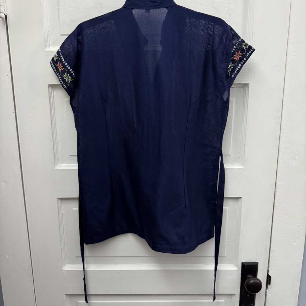 Boho Embroidered Folk Blouse Navy Peasant Top Tie Waist S M - Picture 6 of 9